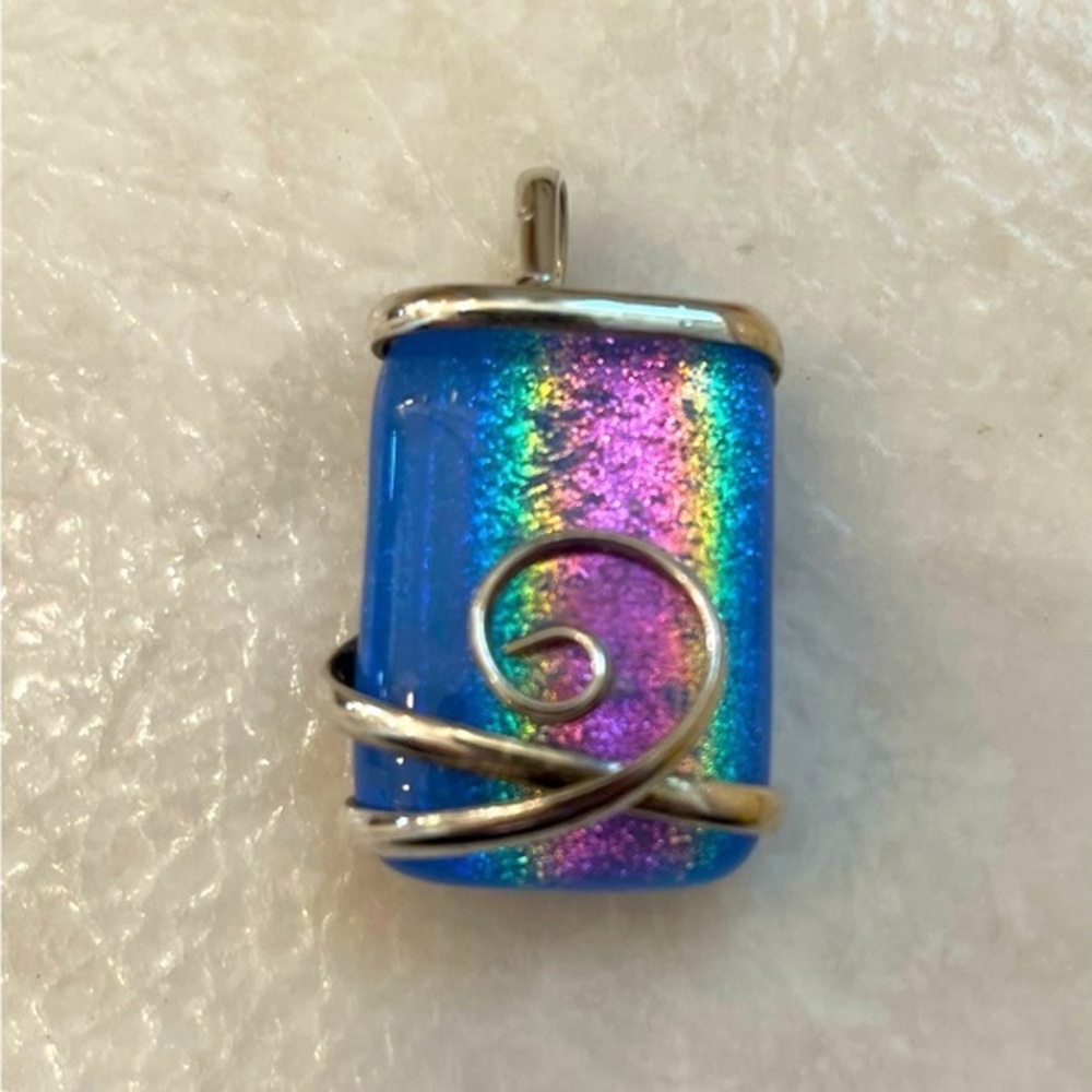 Fused Glass Dichroic Multicolor Blue Pink Wrapped  Statement Pendant
